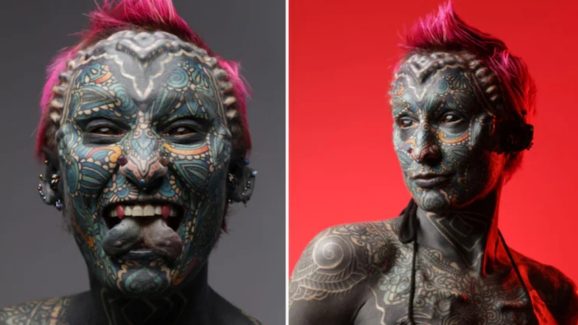 Most Tattooed Woman: గిన్నీస్ రికార్డు కోసం నాలుకను రెండుగా చీల్చి దడుచుకునేలా తయారయ్యింది..